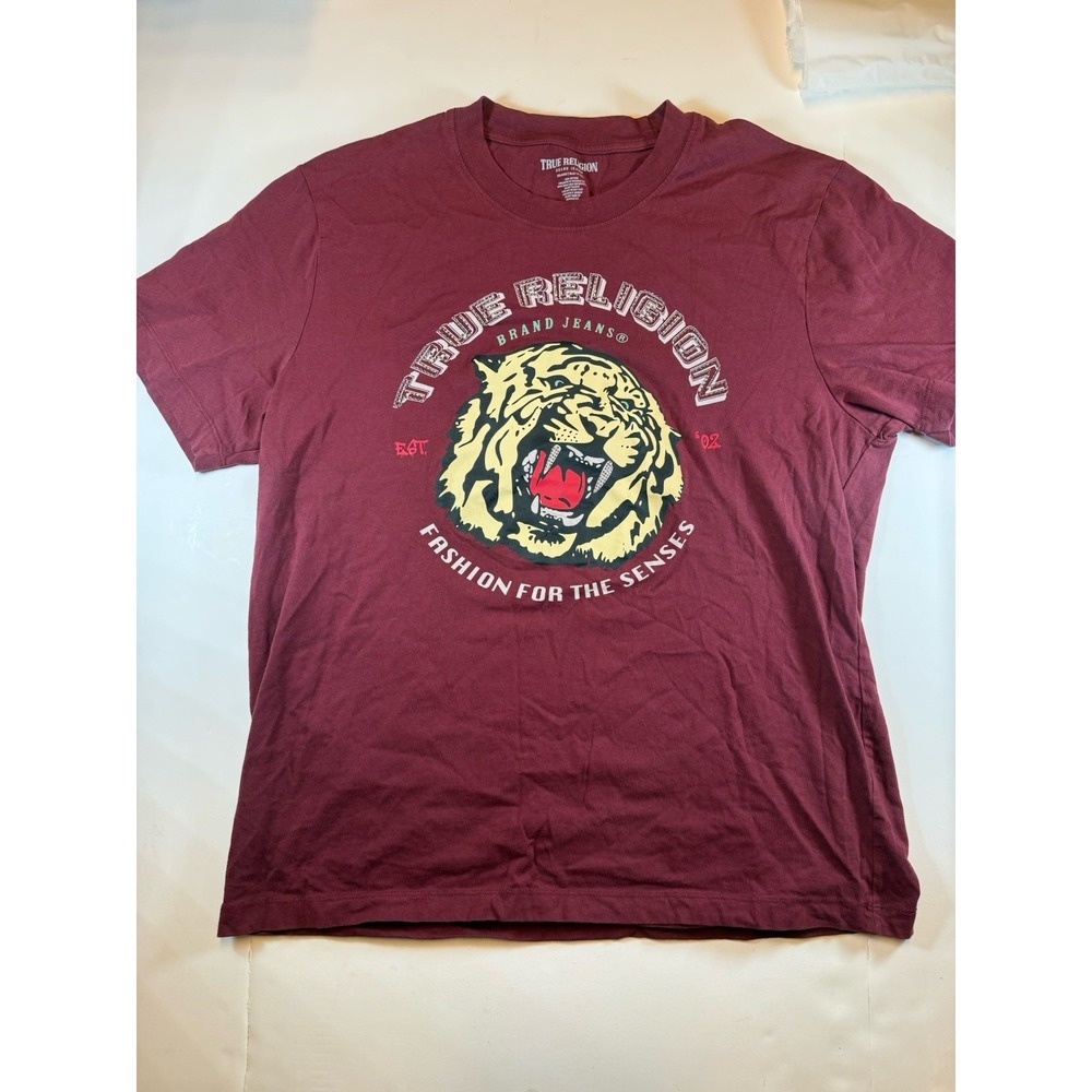 True Religion Shirt Mens 2XL‎ Burgundy Tiger Graphic Fashion For The Senses
